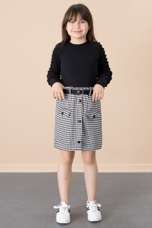 Siyah Kazayağı Desenli Etekli Badili Kız Çocuk 2li Takım 20653