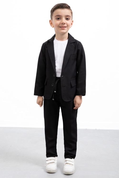 Siyah Keten Ceketli ve Pantolonlu Basic Tişörtlü Erkek Çocuk 3lü Takım Elbise 21201