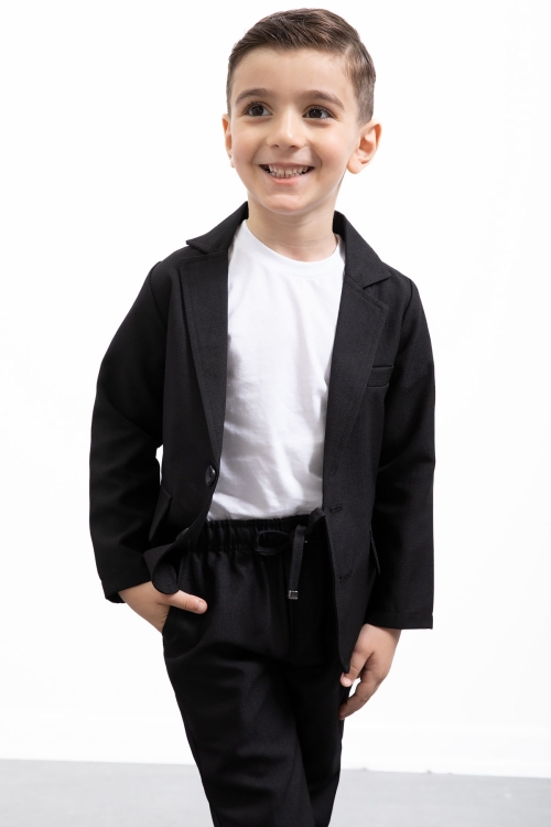 Siyah Keten Ceketli ve Pantolonlu Basic Tişörtlü Erkek Çocuk 3lü Takım Elbise 21201