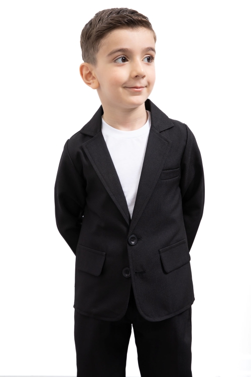 Siyah Keten Ceketli ve Pantolonlu Basic Tişörtlü Erkek Çocuk 3lü Takım Elbise 21201