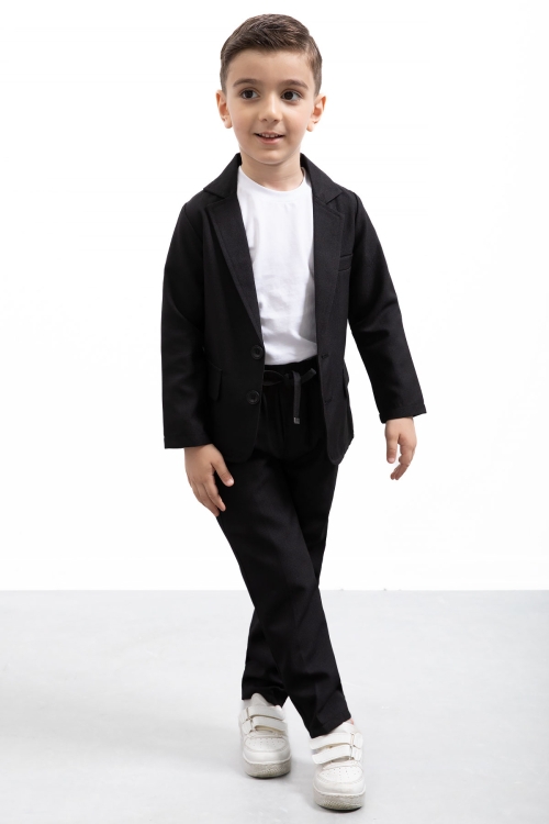 Siyah Keten Ceketli ve Pantolonlu Basic Tişörtlü Erkek Çocuk 3lü Takım Elbise 21201