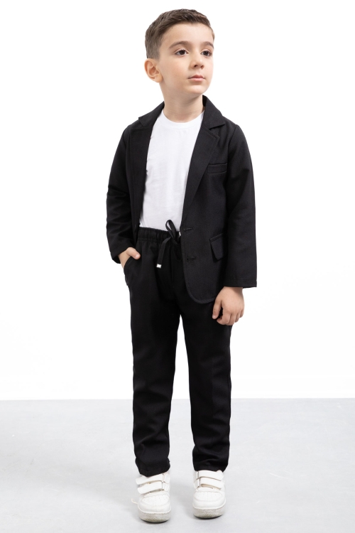 Siyah Keten Ceketli ve Pantolonlu Basic Tişörtlü Erkek Çocuk 3lü Takım Elbise 21201