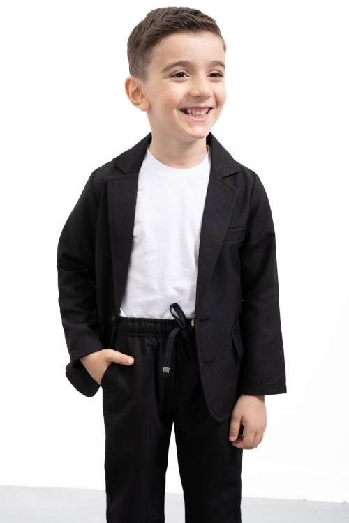 Siyah Keten Ceketli ve Pantolonlu Basic Tişörtlü Erkek Çocuk 3lü Takım Elbise 21201