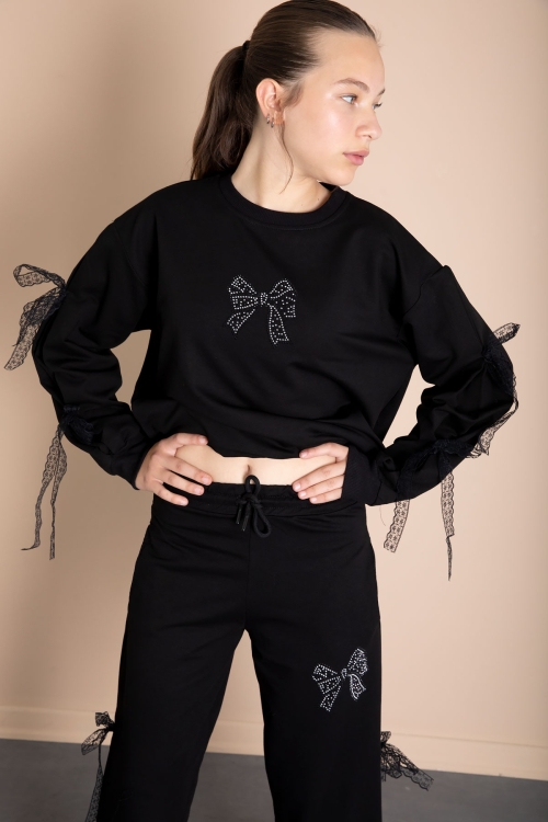 Siyah Yanları Fiyonk Detaylı Geniş Paça Kız Çocuk Eşofman Takımı 21196