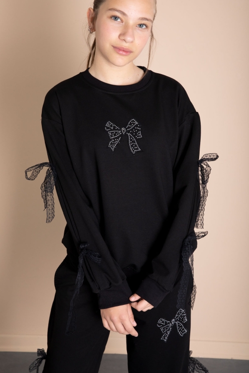 Siyah Yanları Fiyonk Detaylı Geniş Paça Kız Çocuk Eşofman Takımı 21196