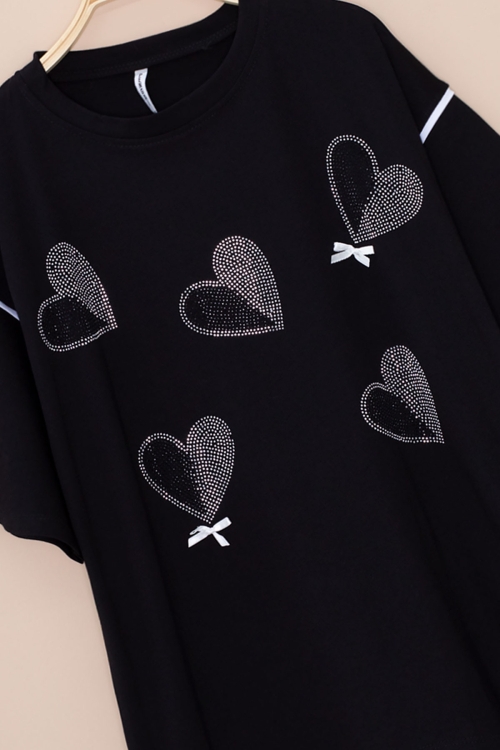 Siyah Kolu Şerit Detaylı Payetli Kız Çocuk Oversize Tişört 20813