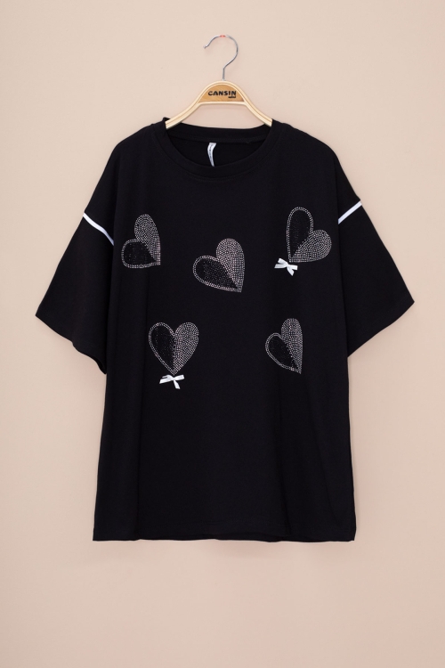 Siyah Kolu Şerit Detaylı Payetli Kız Çocuk Oversize Tişört 20813