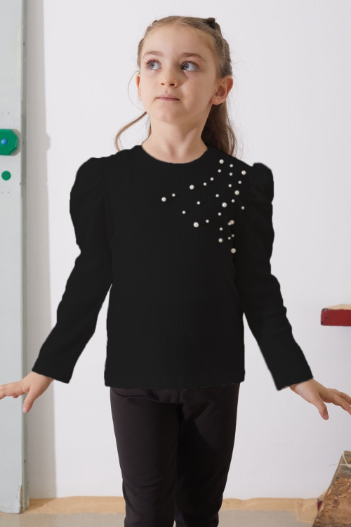 Siyah Omzu İnci Detaylı Kız Çocuk Sweatshirt 18884