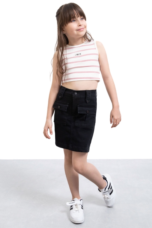 Siyah Ön Cepli Beli Lastikli Kız Çocuk Jean Şort Etek 21120