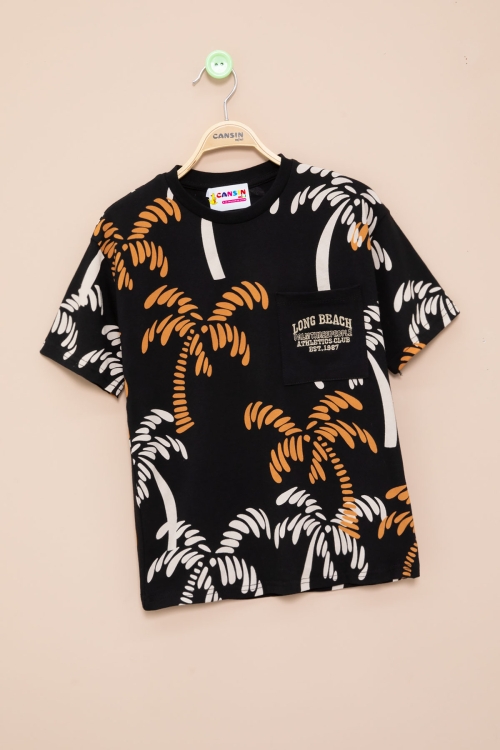 Siyah Palmiye Desenli Yazılı Cepli Erkek Çocuk Bisiklet Yaka Tişört 20931