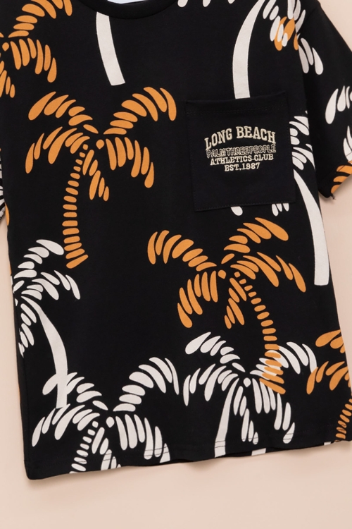 Siyah Palmiye Desenli Yazılı Cepli Erkek Çocuk Bisiklet Yaka Tişört 20931