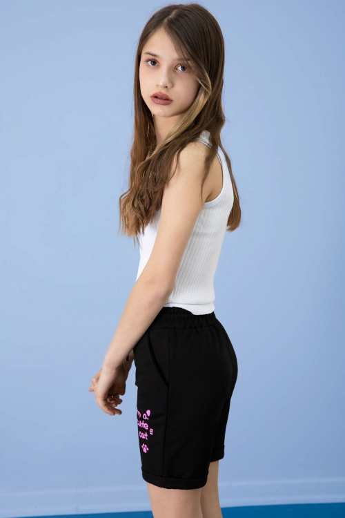 Siyah Patili Cute Baskılı Kız Çocuk Beli Lastikli Şort 20726