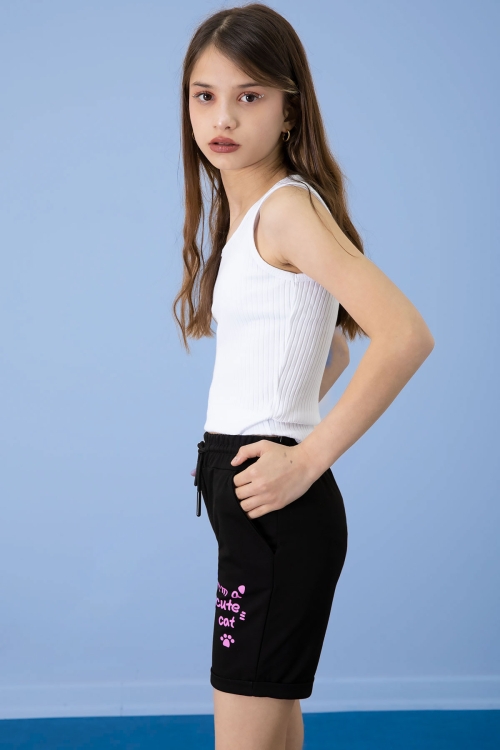 Siyah Patili Cute Baskılı Kız Çocuk Beli Lastikli Şort 20726