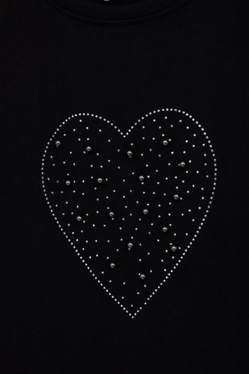 Siyah Payetli Kalp Desenli Kısa Kol Kız Çocuk Oversize Tişört 20789