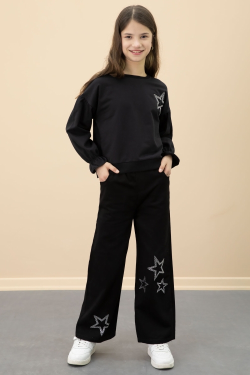 Siyah Payetli Yıldız Desenli Badili Kız Çocuk Pantolonlu 2li Takım 20682