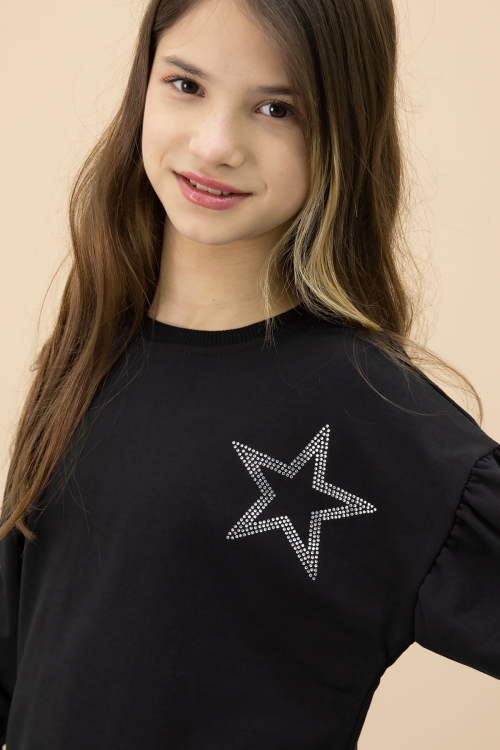 Siyah Payetli Yıldız Desenli Badili Kız Çocuk Pantolonlu 2li Takım 20682