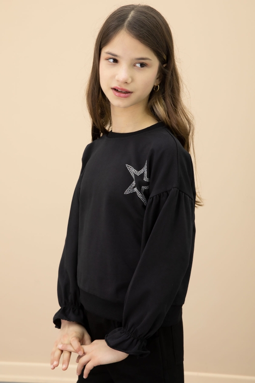 Siyah Payetli Yıldız Desenli Badili Kız Çocuk Pantolonlu 2li Takım 20682