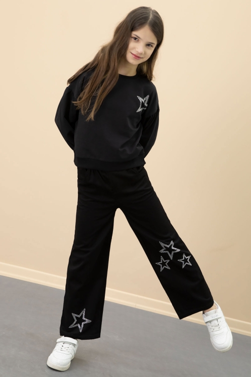 Siyah Payetli Yıldız Desenli Badili Kız Çocuk Pantolonlu 2li Takım 20682