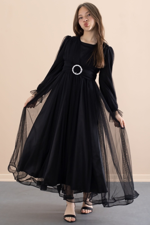 Siyah Toka Detaylı Astarlı Kız Çocuk Uzun Kollu Tüllü Elbise 21095