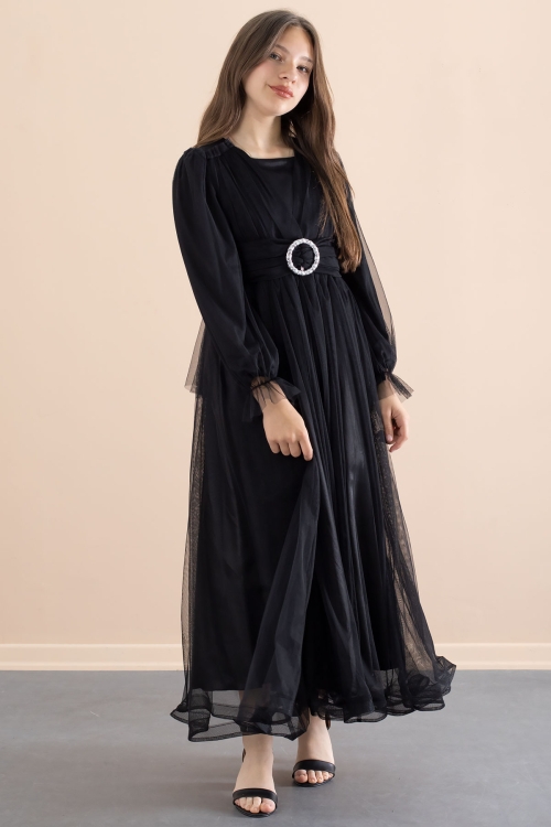 Siyah Toka Detaylı Astarlı Kız Çocuk Uzun Kollu Tüllü Elbise 21095