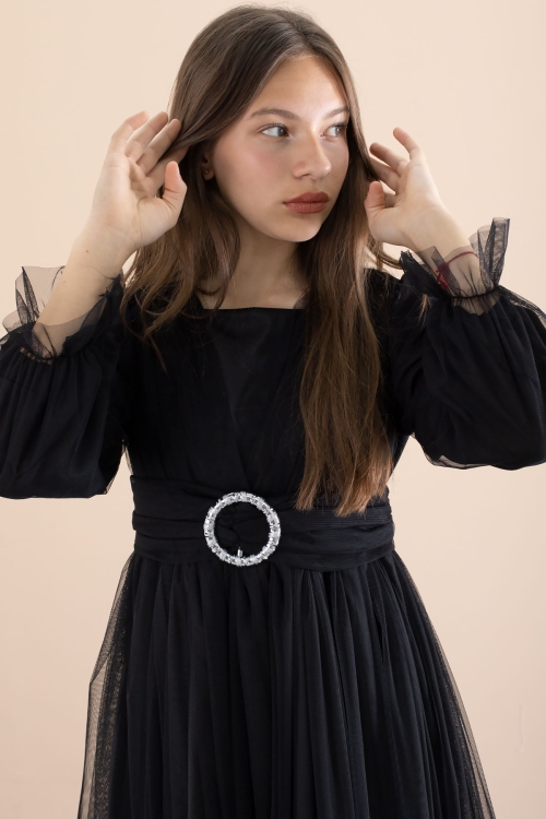 Siyah Toka Detaylı Astarlı Kız Çocuk Uzun Kollu Tüllü Elbise 21095