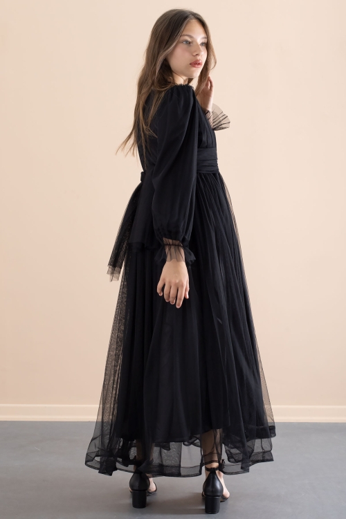 Siyah Toka Detaylı Astarlı Kız Çocuk Uzun Kollu Tüllü Elbise 21095