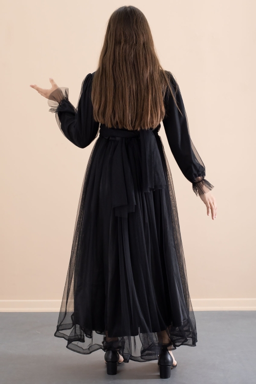 Siyah Toka Detaylı Astarlı Kız Çocuk Uzun Kollu Tüllü Elbise 21095