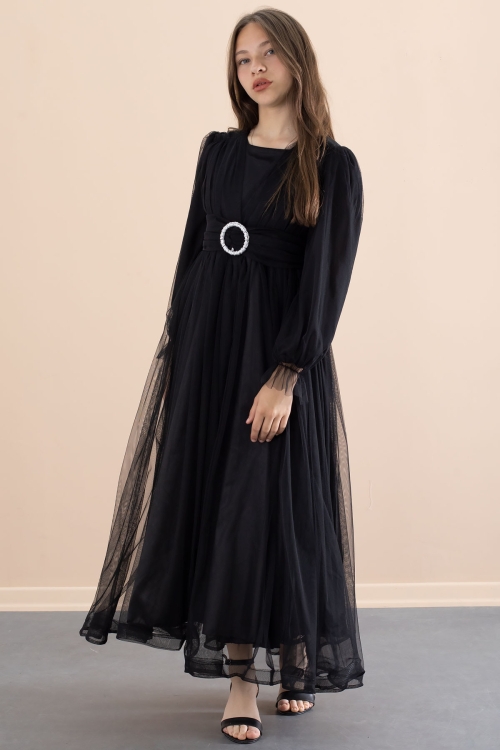 Siyah Toka Detaylı Astarlı Kız Çocuk Uzun Kollu Tüllü Elbise 21095