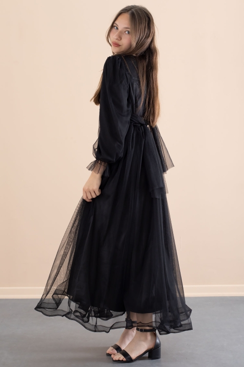 Siyah Toka Detaylı Astarlı Kız Çocuk Uzun Kollu Tüllü Elbise 21095
