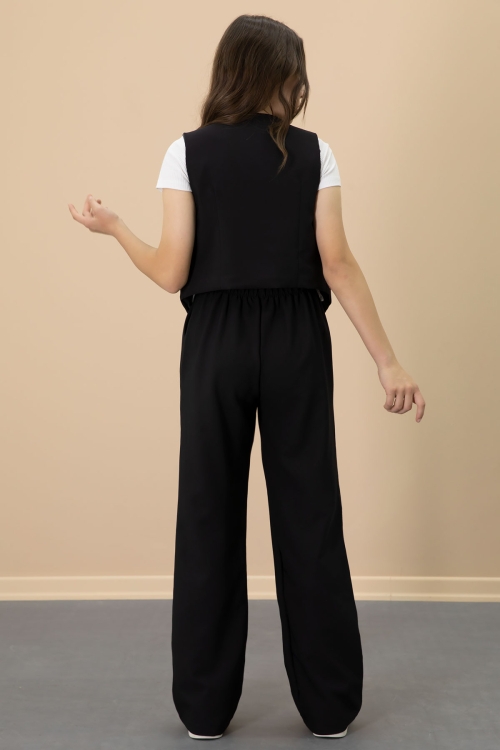 Siyah V Yaka Düğmeli Yelekli Geniş Paça Pantolonlu Kız Çocuk 2li Takım 20723