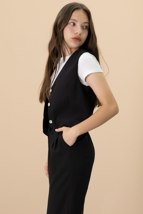 Siyah V Yaka Düğmeli Yelekli Geniş Paça Pantolonlu Kız Çocuk 2li Takım 20723