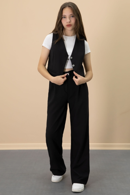 Siyah V Yaka Düğmeli Yelekli Geniş Paça Pantolonlu Kız Çocuk 2li Takım 20723