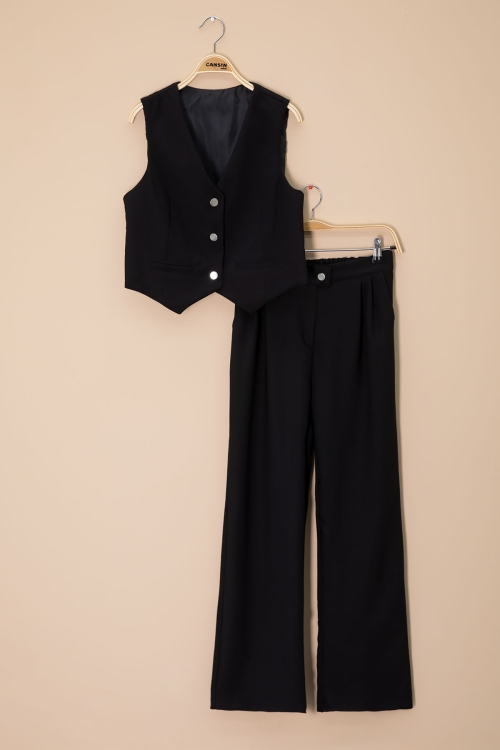 Siyah V Yaka Düğmeli Yelekli Geniş Paça Pantolonlu Kız Çocuk 2li Takım 20723