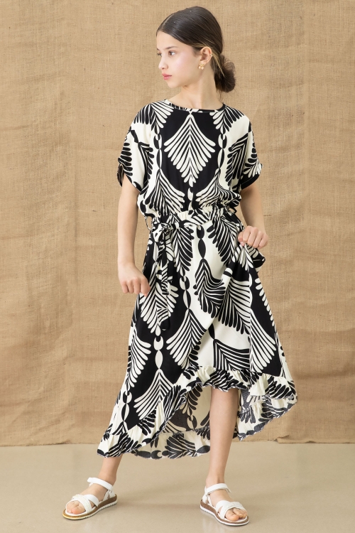 Siyah Yaprak Desenli Fırfırlı Kız Çocuk Kuşaklı Elbise 20766