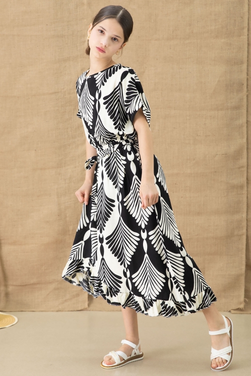 Siyah Yaprak Desenli Fırfırlı Kız Çocuk Kuşaklı Elbise 20766