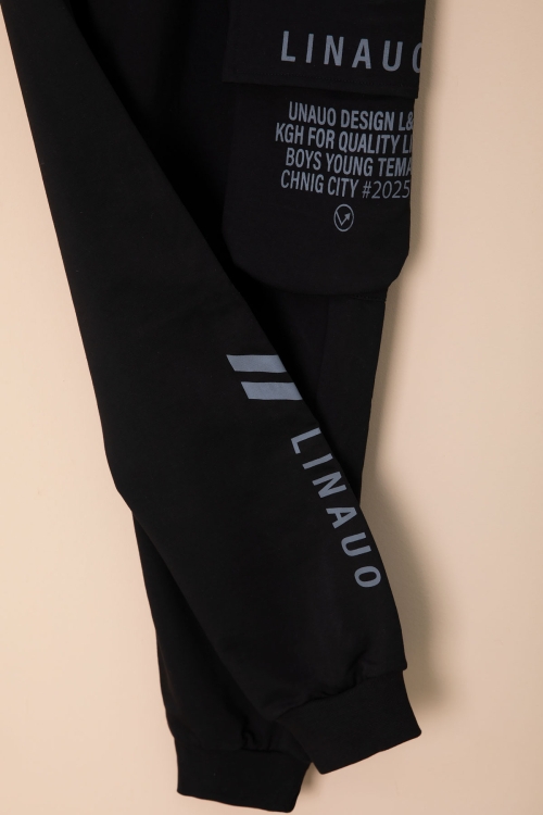 Siyah Yazı Baskılı Cepli Erkek Çocuk Beli Lastikli Eşofman Altı 20202