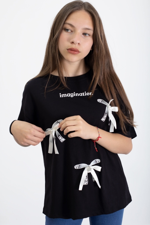 Siyah Yazı Baskılı Fiyonklu Kız Çocuk Kısa Kol Oversize Tişört 20803