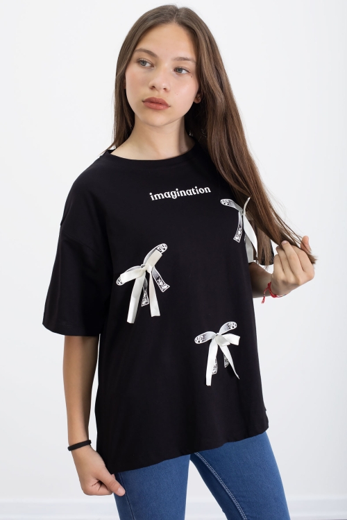 Siyah Yazı Baskılı Fiyonklu Kız Çocuk Kısa Kol Oversize Tişört 20803