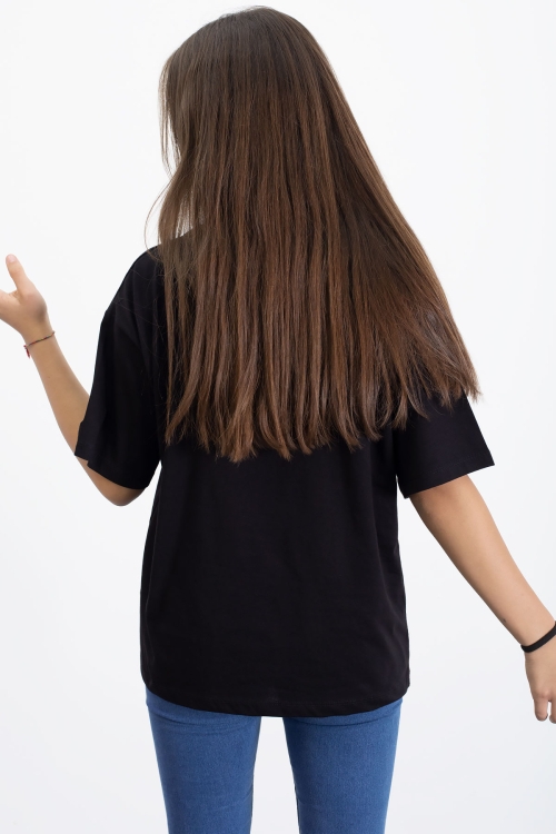 Siyah Yazı Baskılı Fiyonklu Kız Çocuk Kısa Kol Oversize Tişört 20803