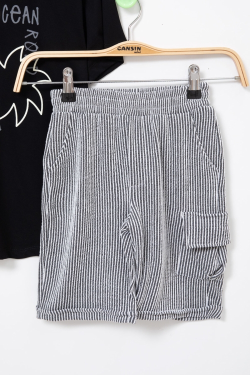 Siyah Yazı Baskılı Tişörtlü Çizgili Şortlu Erkek Çocuk 2li Takım 21076