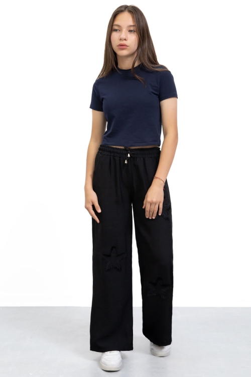 Siyah Yıldız Nakışlı Geniş Paça Rahat Kumaş Kız Çocuk Pantolon 21146