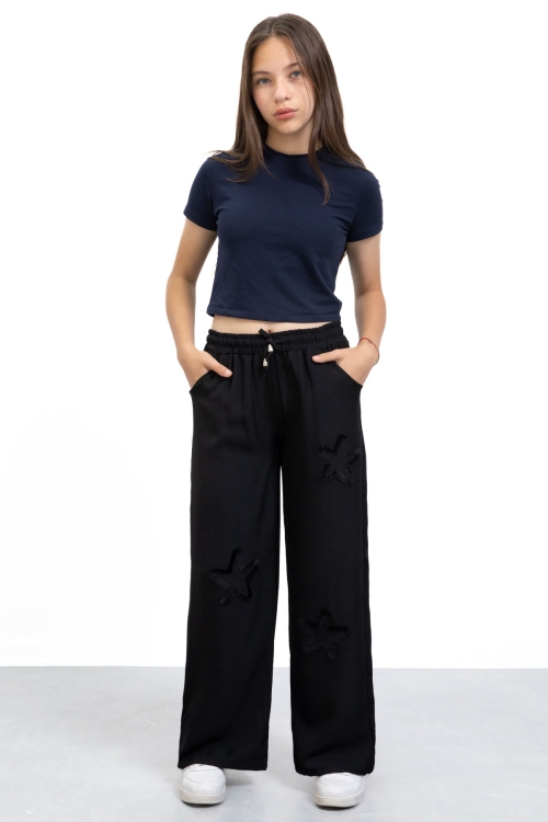 Siyah Yıldız Nakışlı Geniş Paça Rahat Kumaş Kız Çocuk Pantolon 21146