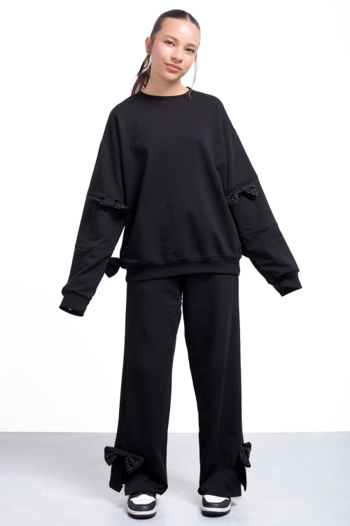 Siyah Yırtmaçlı Paça Fiyonk Detaylı Kız Çocuk 2li Eşofman Takımı 21215