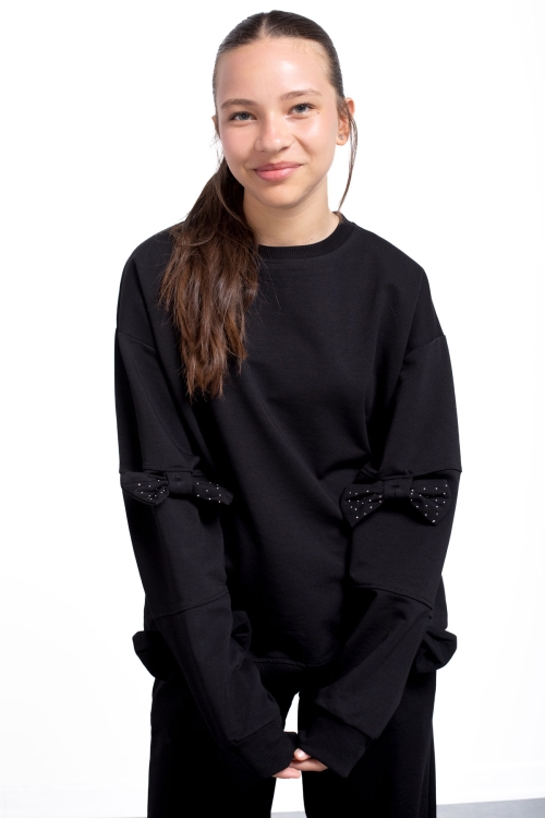 Siyah Yırtmaçlı Paça Fiyonk Detaylı Kız Çocuk 2li Eşofman Takımı 21215