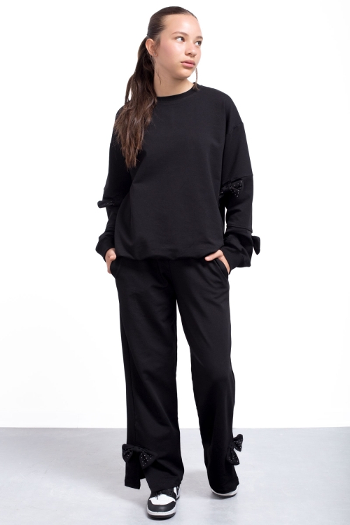 Siyah Yırtmaçlı Paça Fiyonk Detaylı Kız Çocuk 2li Eşofman Takımı 21215