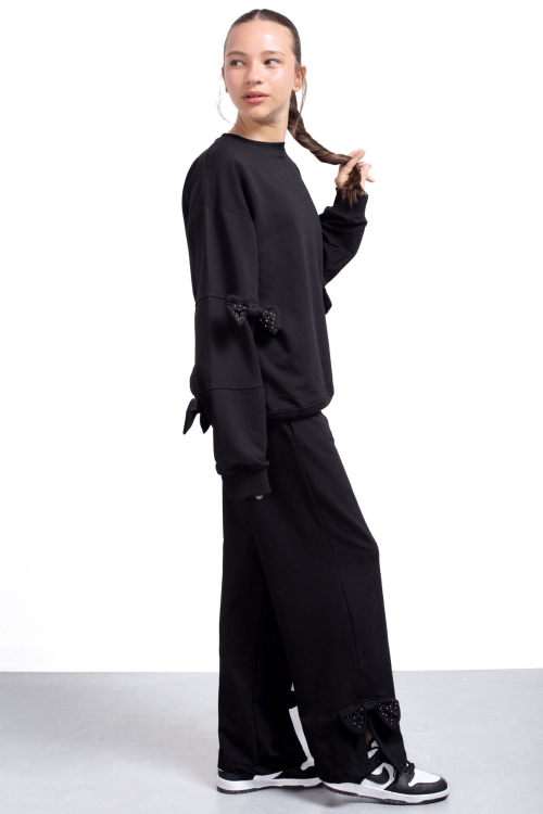 Siyah Yırtmaçlı Paça Fiyonk Detaylı Kız Çocuk 2li Eşofman Takımı 21215