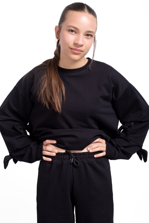 Siyah Yırtmaçlı Paça Fiyonk Detaylı Kız Çocuk 2li Eşofman Takımı 21215