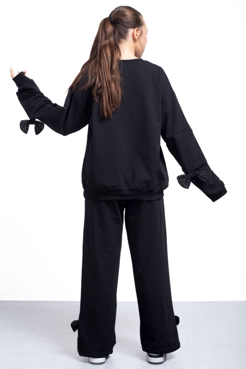 Siyah Yırtmaçlı Paça Fiyonk Detaylı Kız Çocuk 2li Eşofman Takımı 21215