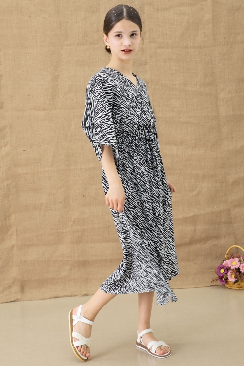 Siyah Zebra Desenli Kuşaklı Kız Çocuk Kısa Kol Elbise 20769
