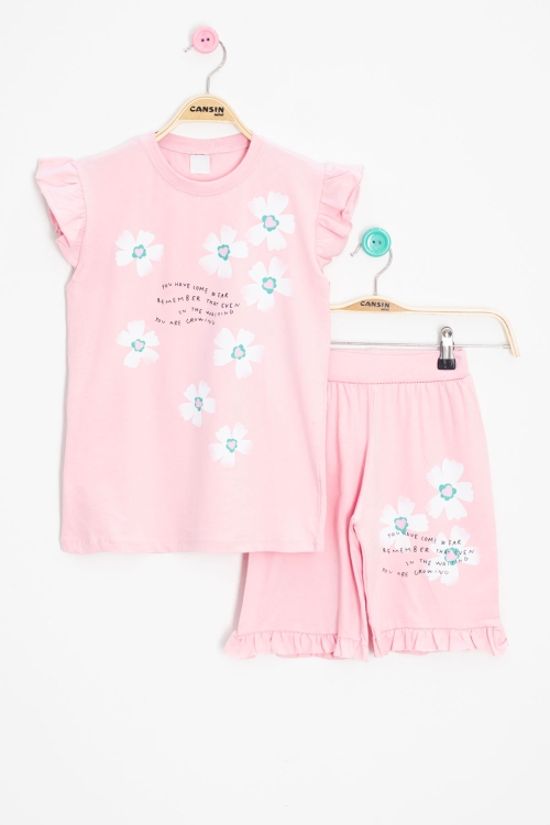 Somon Çiçek Desenli Fırfır Detaylı Kız Çocuk Şortlu Takım 20596